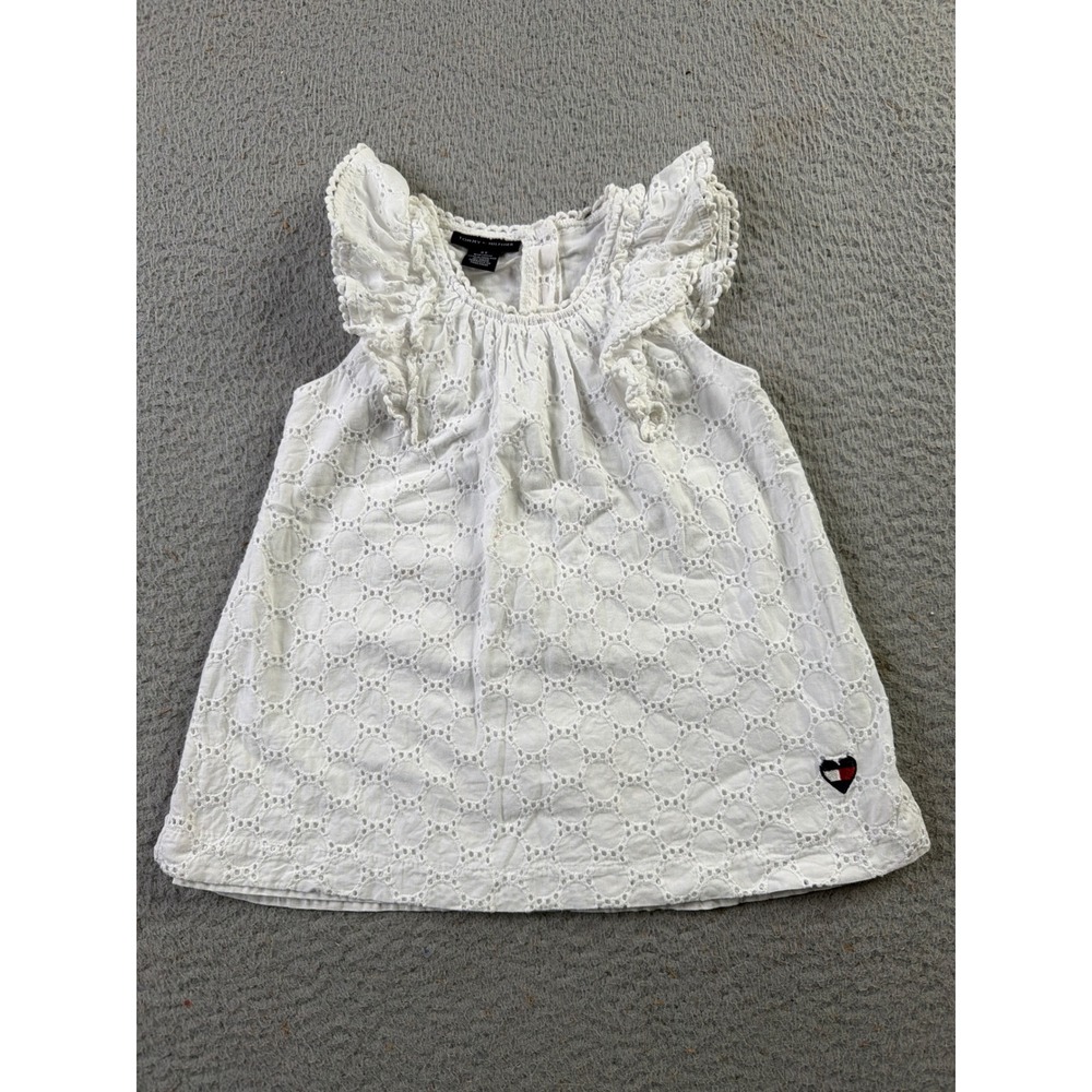 Tommy Hilfiger Eyelet Ruffle Blouse Kids 3T White Heart Logo Sleeveless Top